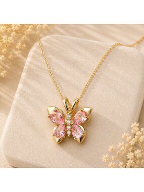 Pink Butterfly Necklace Gold Overlay 16" Chain‎ Made with Swarovski Crystal